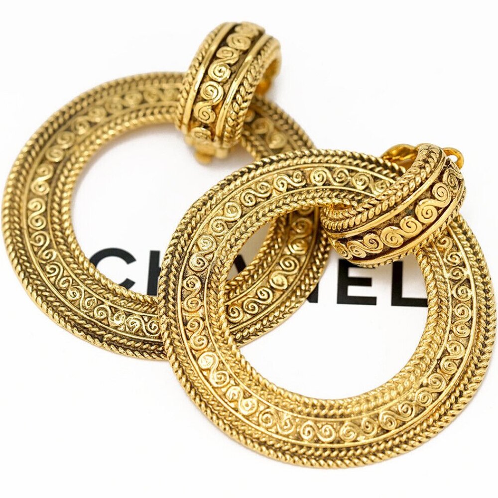 CHANEL Hoop 2 way Round Vintage Dangle Earrings Gold Tone Auth #11136